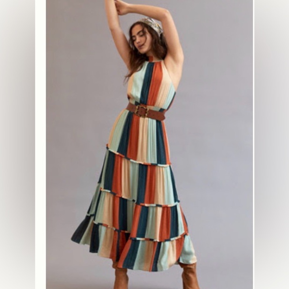 FARM RIO COLORBLOCKED SHIMMER MAXI DRESS Striped Multicolor Halter Maxi Dress